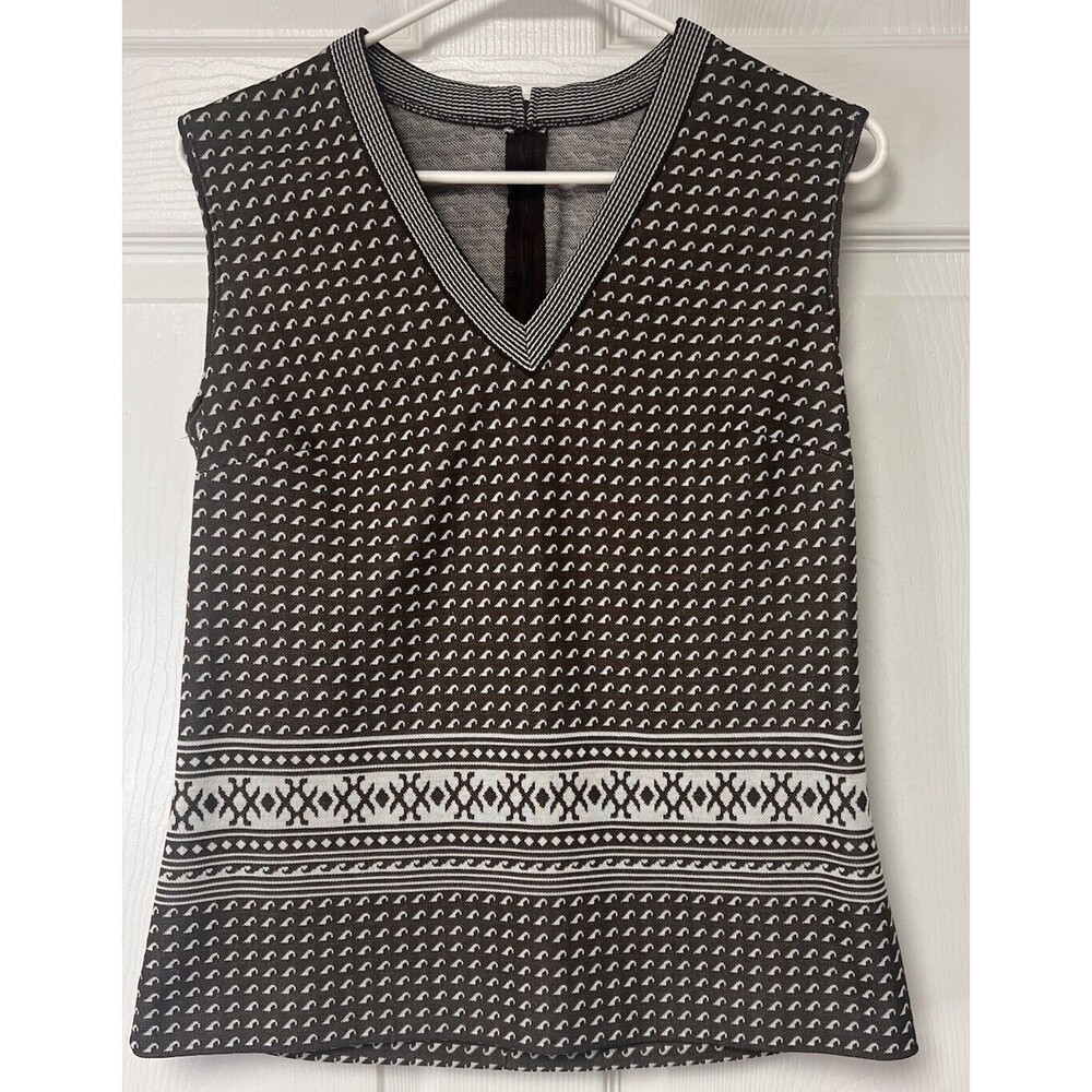 Vintage 70s Fair Isle Brown White Women's Sleeveless Top Medium Unbranded